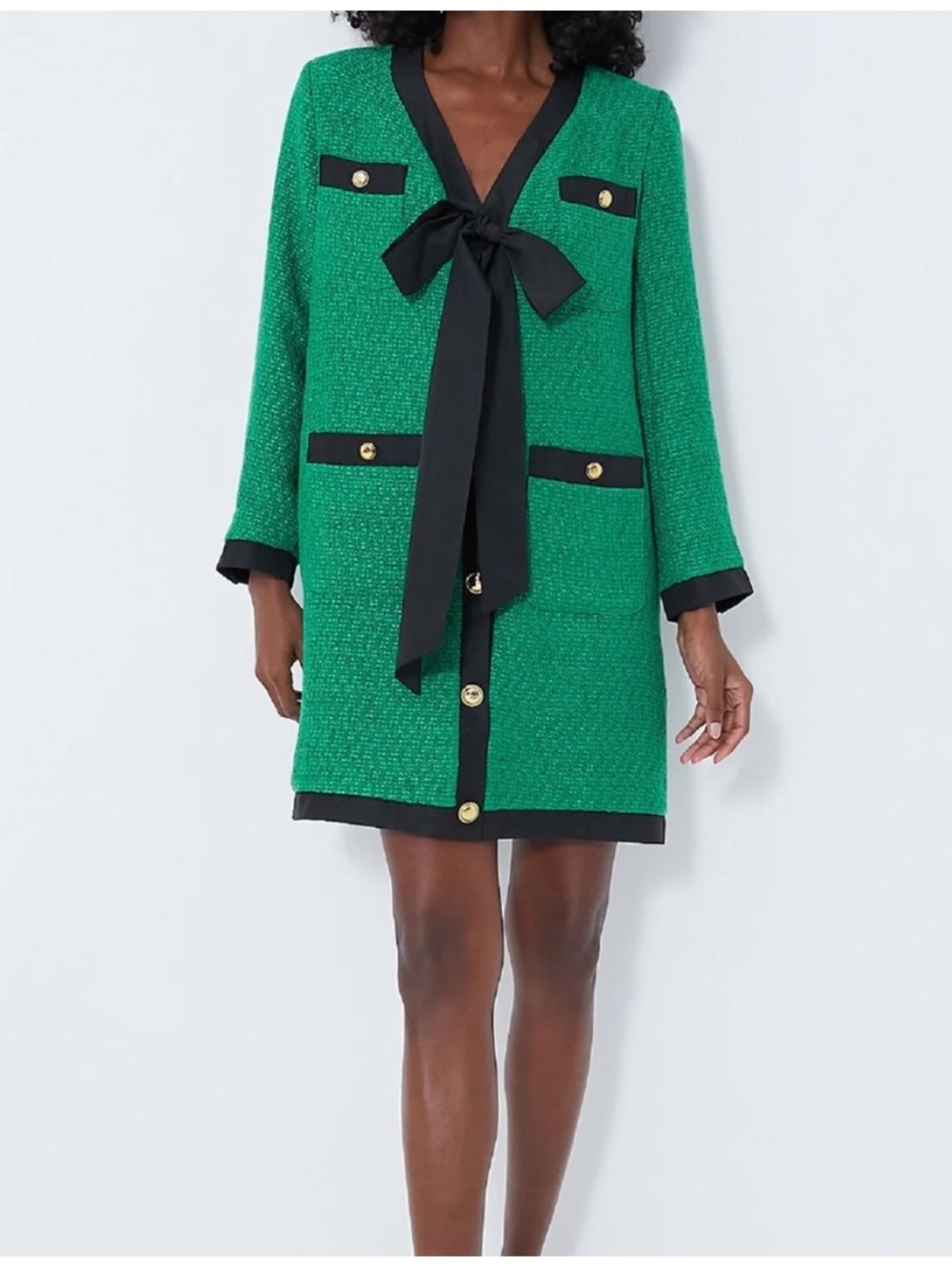 Pomander Place Tuckernuck Green black Coco Tweed Bow Dress Long Sleeve size XL